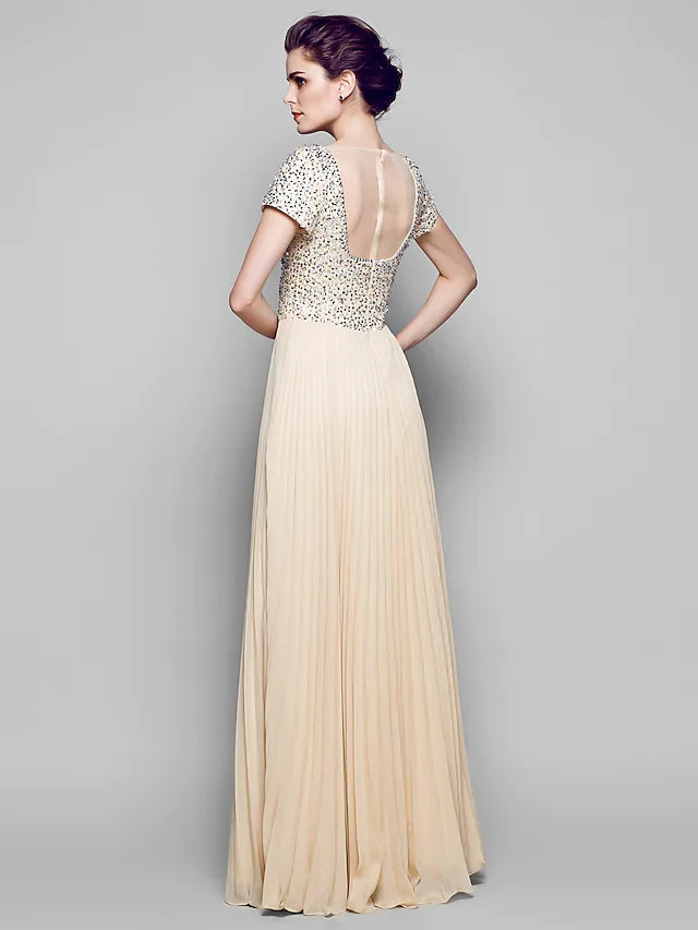 Wholesale A-Line Mother of the Bride Dress Sparkle & Shine Bateau Neck Floor Length Chiffon Tulle Sequined Short Sleeve with Sequin